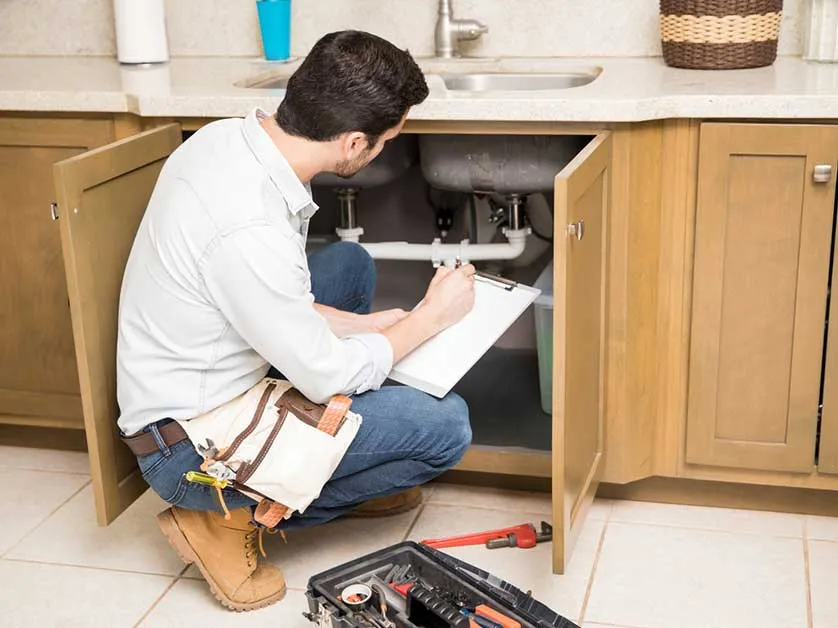 Plumber writing notes while kneeling at an open sink cabinet
